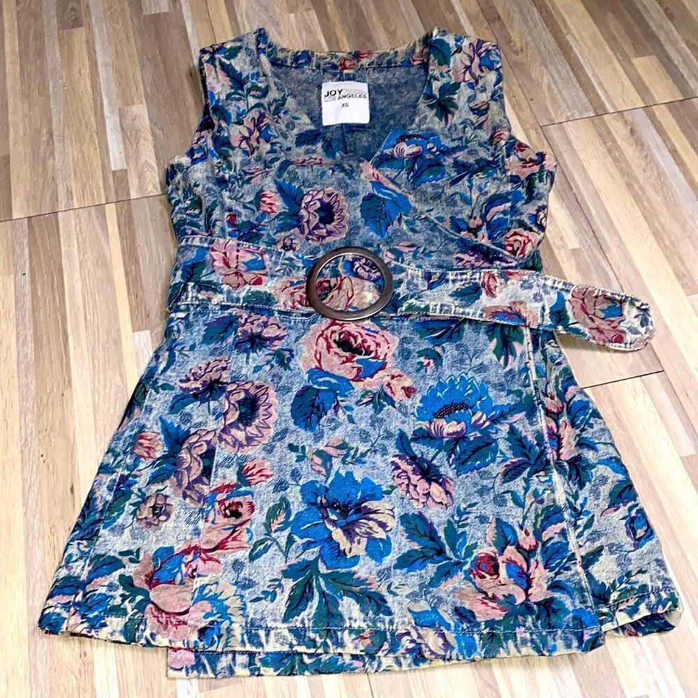 JoyRich dress shirt floral denim wrap vest belted size XS jean material like